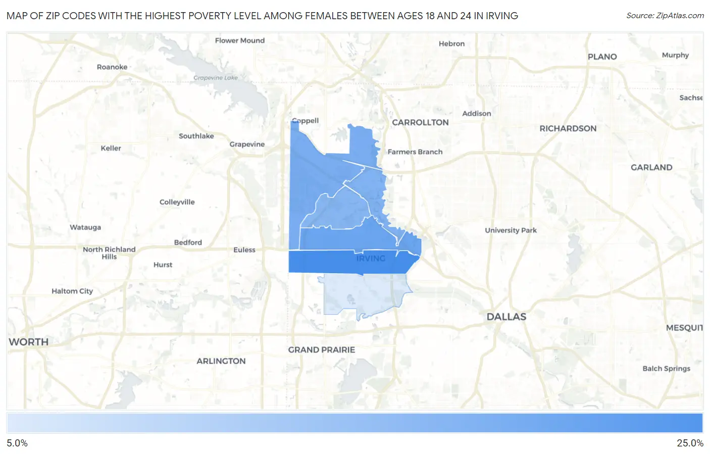 Zip Codes with the Highest Poverty Level Among Females Between Ages 18 and 24 in Irving Map