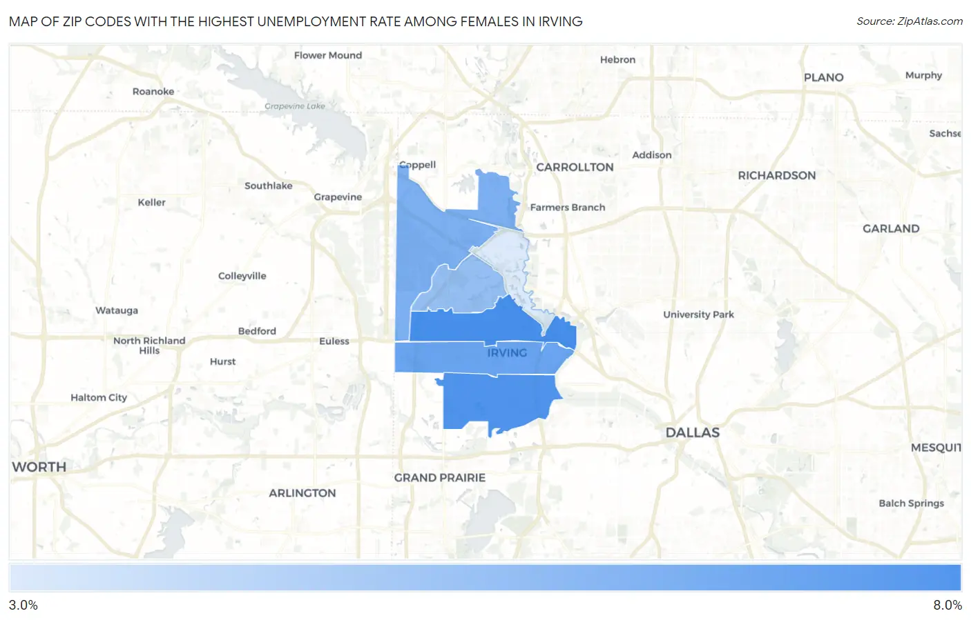 Zip Codes with the Highest Unemployment Rate Among Females in Irving Map