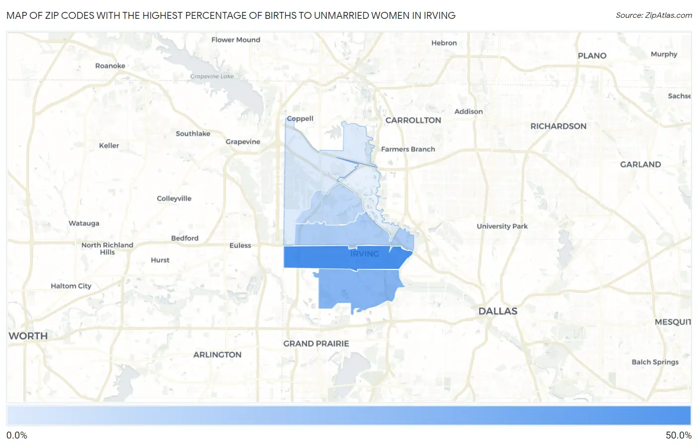 Zip Codes with the Highest Percentage of Births to Unmarried Women in Irving Map