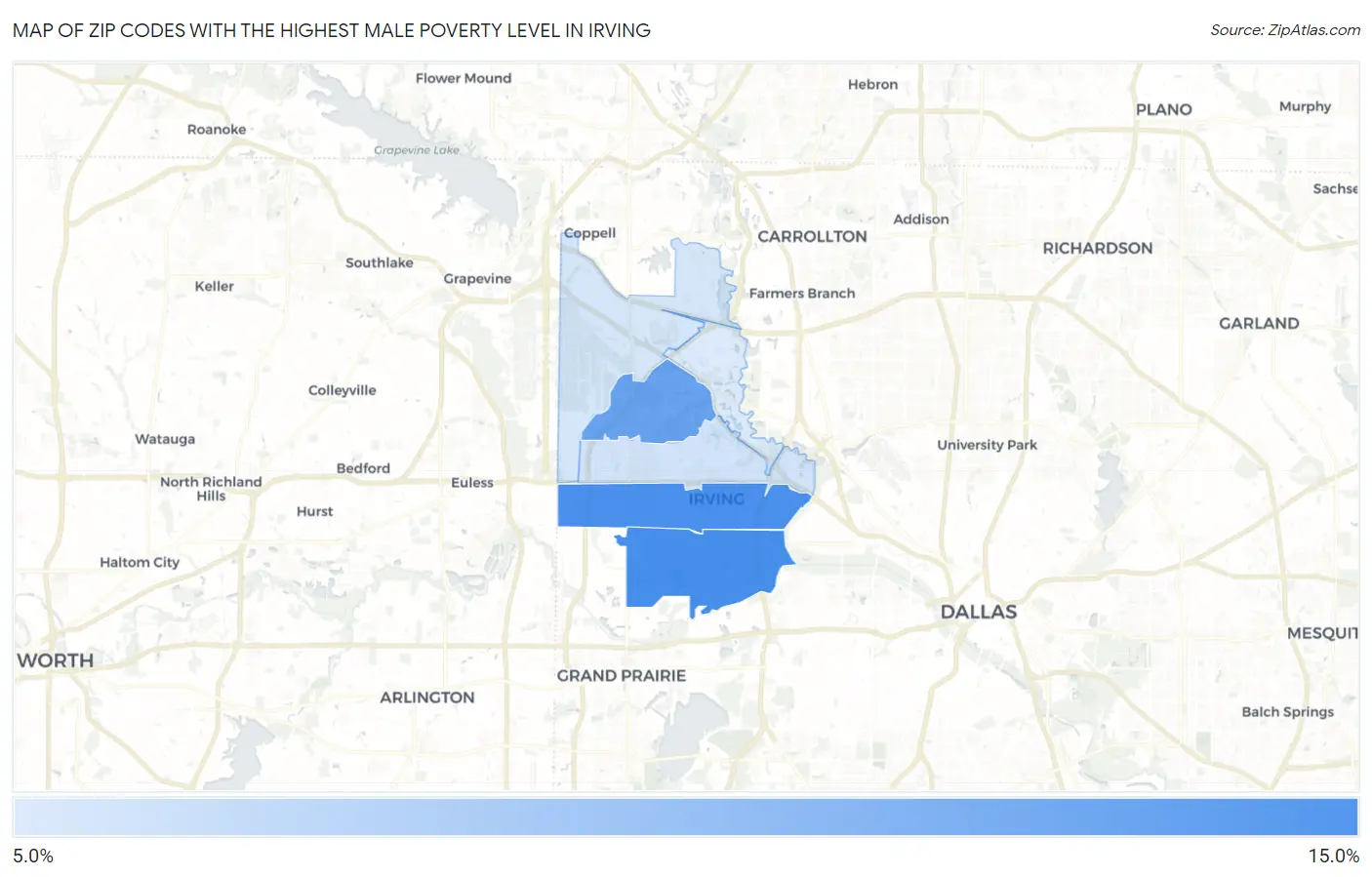 Zip Codes with the Highest Male Poverty Level in Irving Map