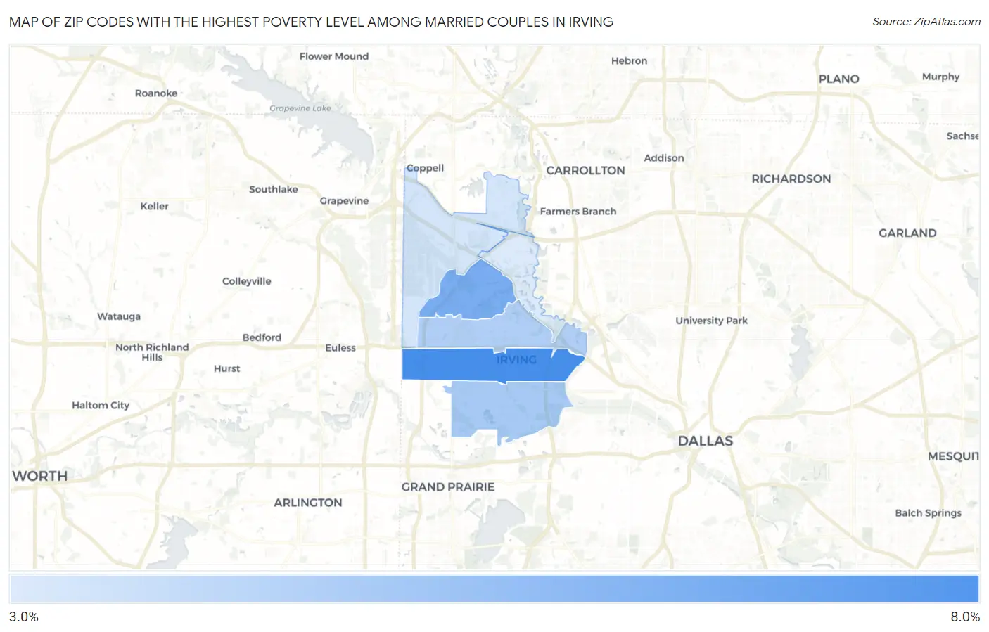 Zip Codes with the Highest Poverty Level Among Married Couples in Irving Map