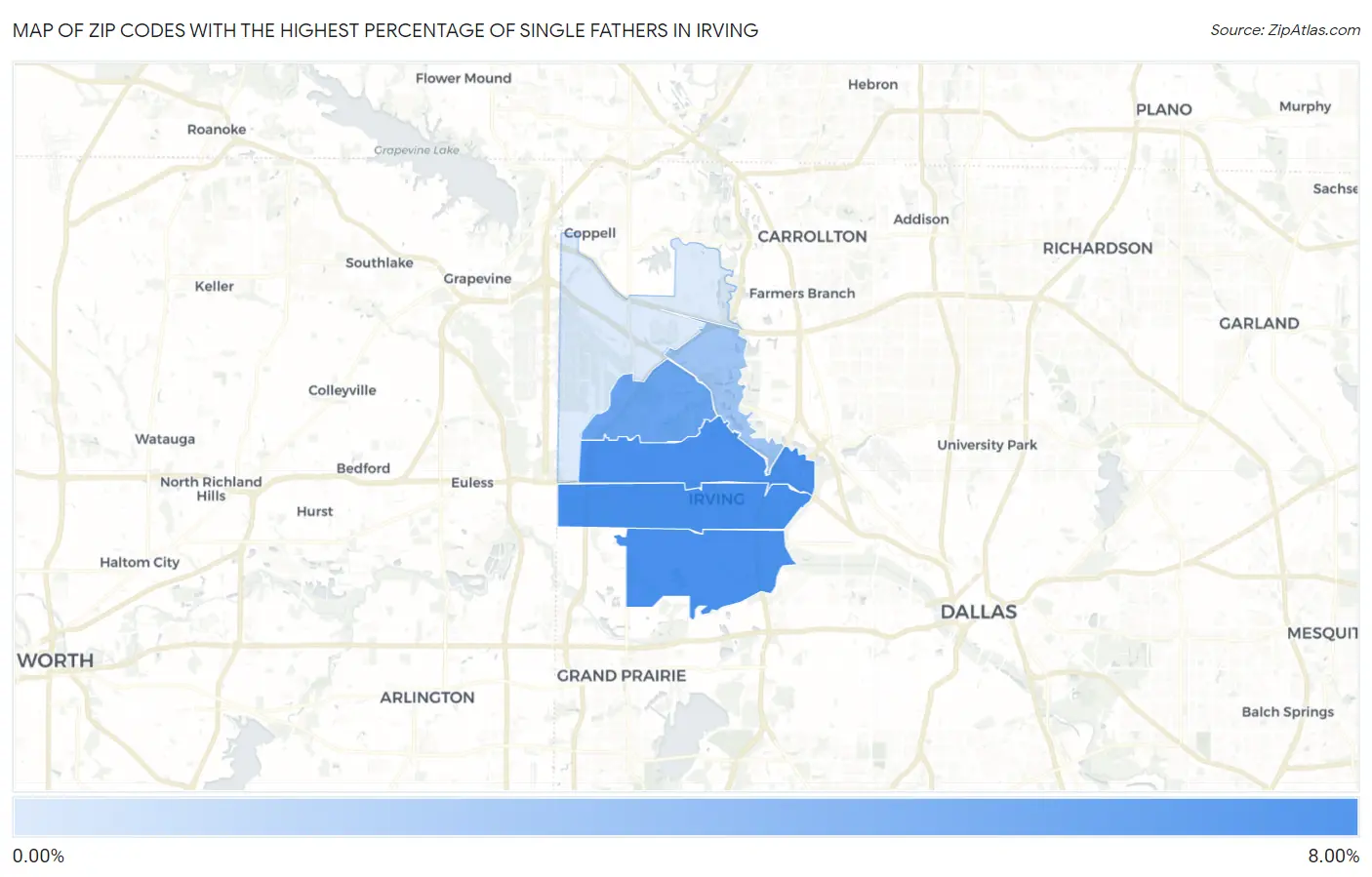 Zip Codes with the Highest Percentage of Single Fathers in Irving Map