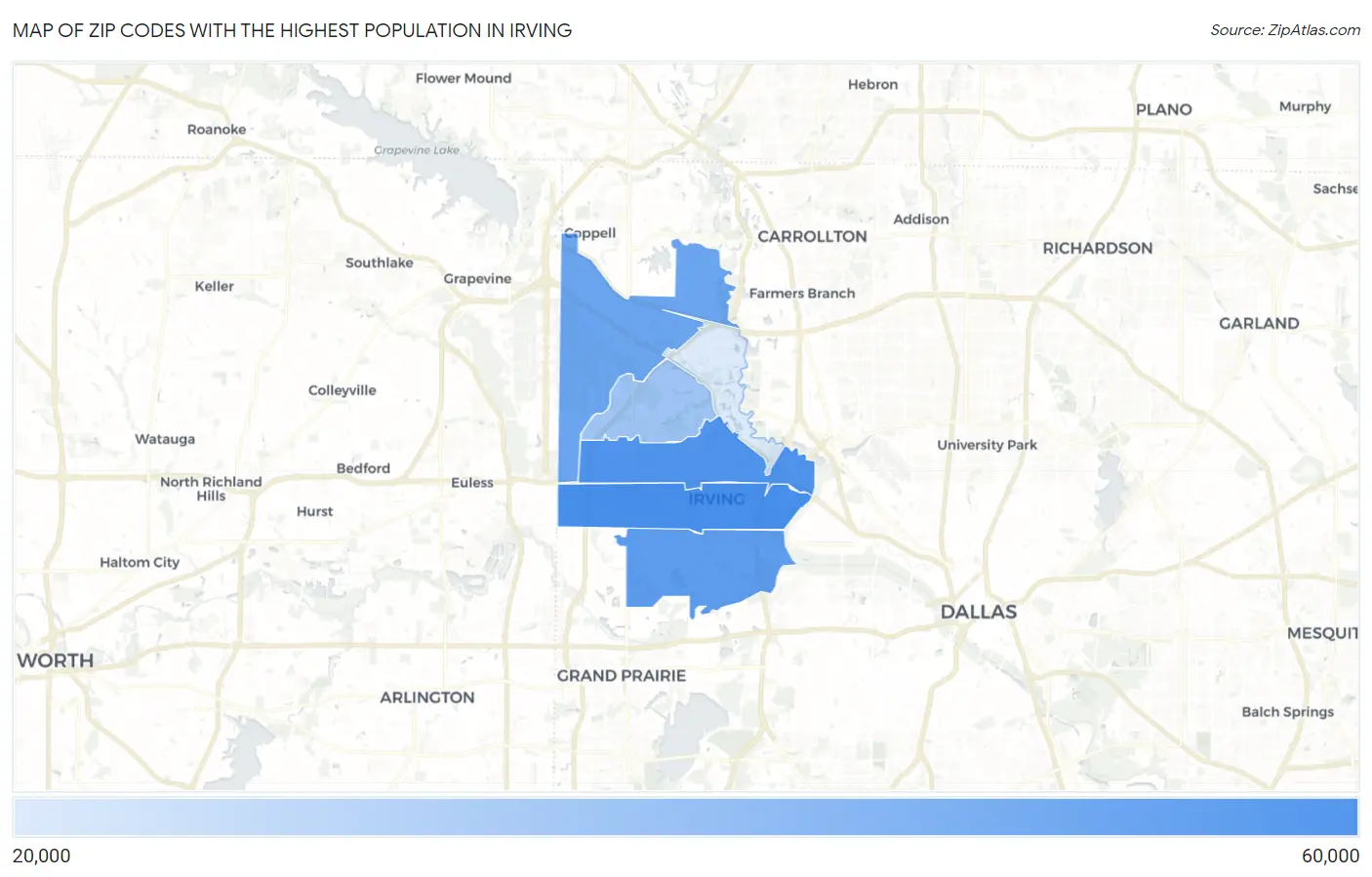 Zip Codes with the Highest Population in Irving Map