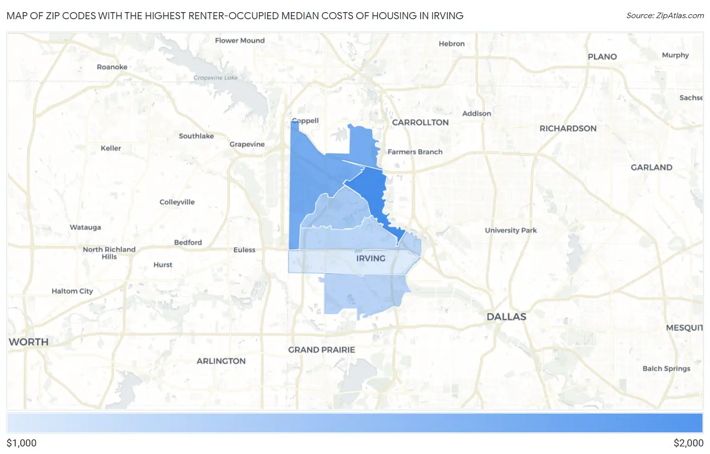 Zip Codes with the Highest Renter-Occupied Median Costs of Housing in Irving Map