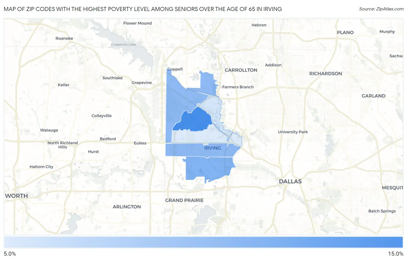 Zip Codes with the Highest Poverty Level Among Seniors Over the Age of 65 in Irving Map
