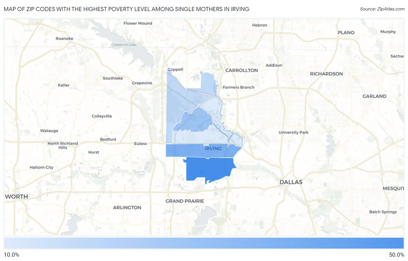 Zip Codes with the Highest Poverty Level Among Single Mothers in Irving Map