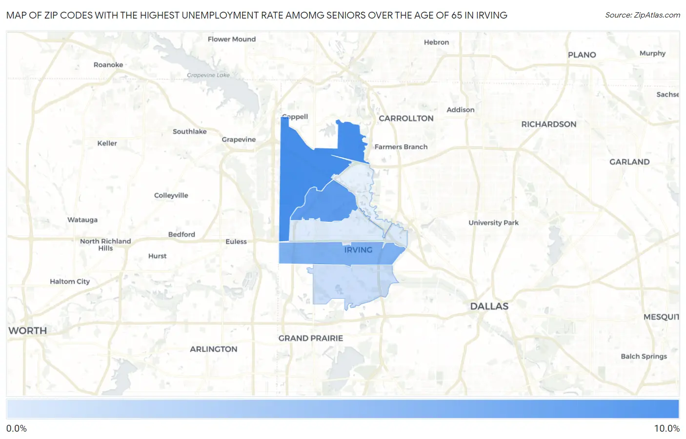 Zip Codes with the Highest Unemployment Rate Amomg Seniors Over the Age of 65 in Irving Map