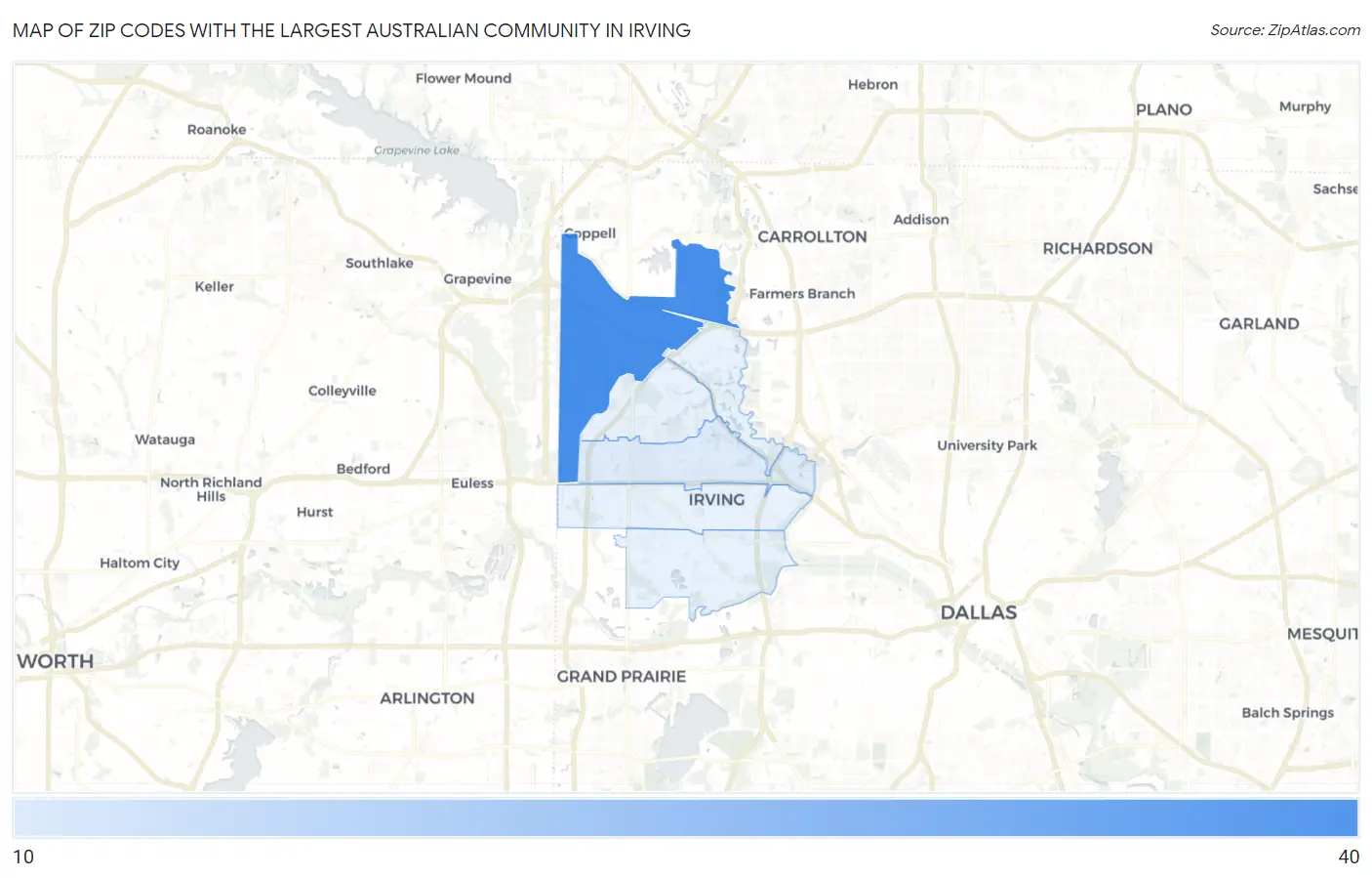 Zip Codes with the Largest Australian Community in Irving Map