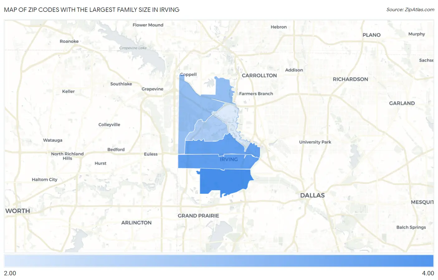 Zip Codes with the Largest Family Size in Irving Map