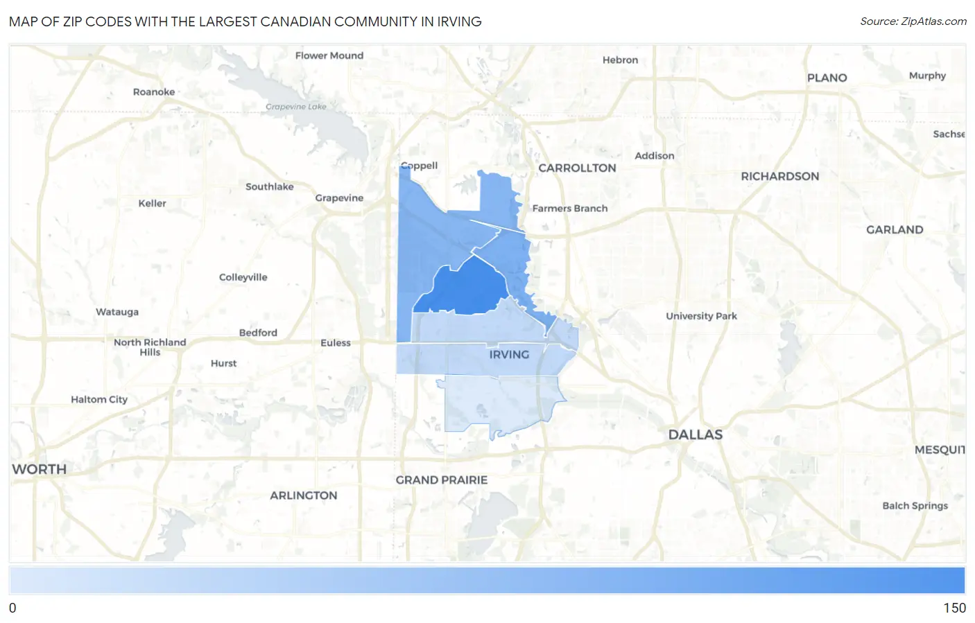 Zip Codes with the Largest Canadian Community in Irving Map