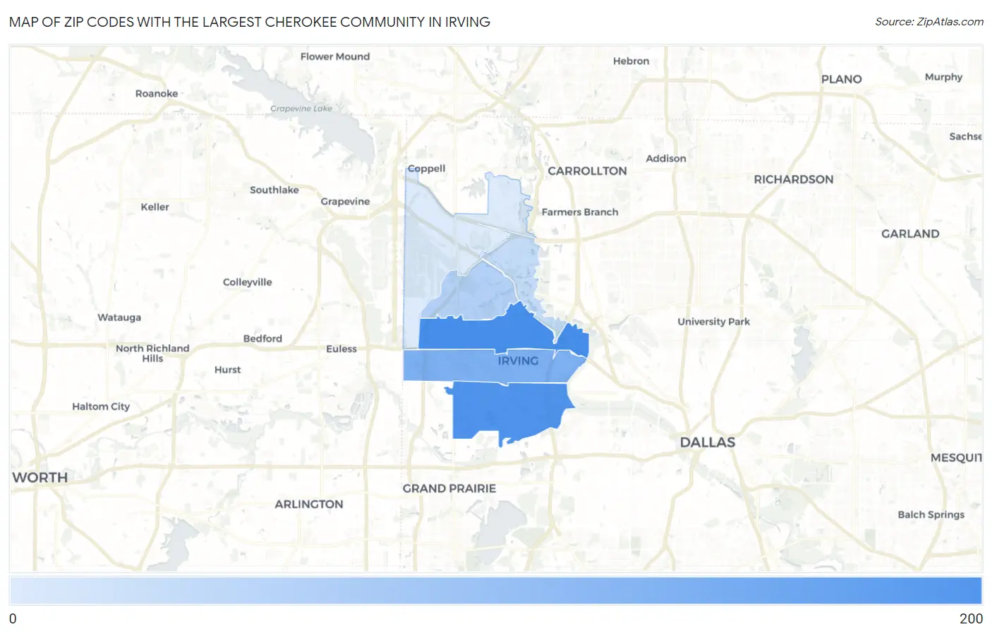 Zip Codes with the Largest Cherokee Community in Irving Map