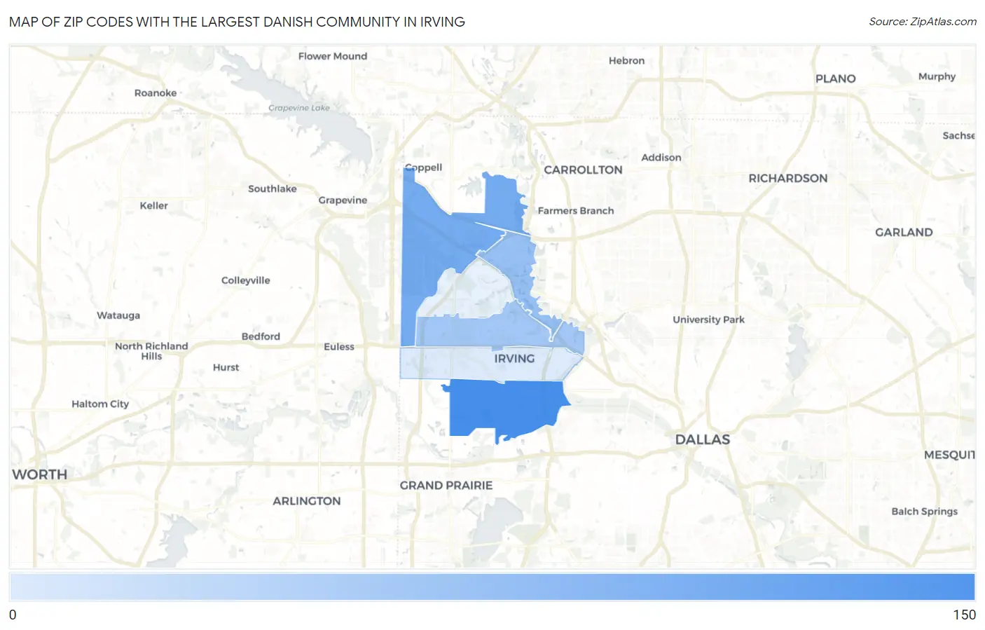 Zip Codes with the Largest Danish Community in Irving Map
