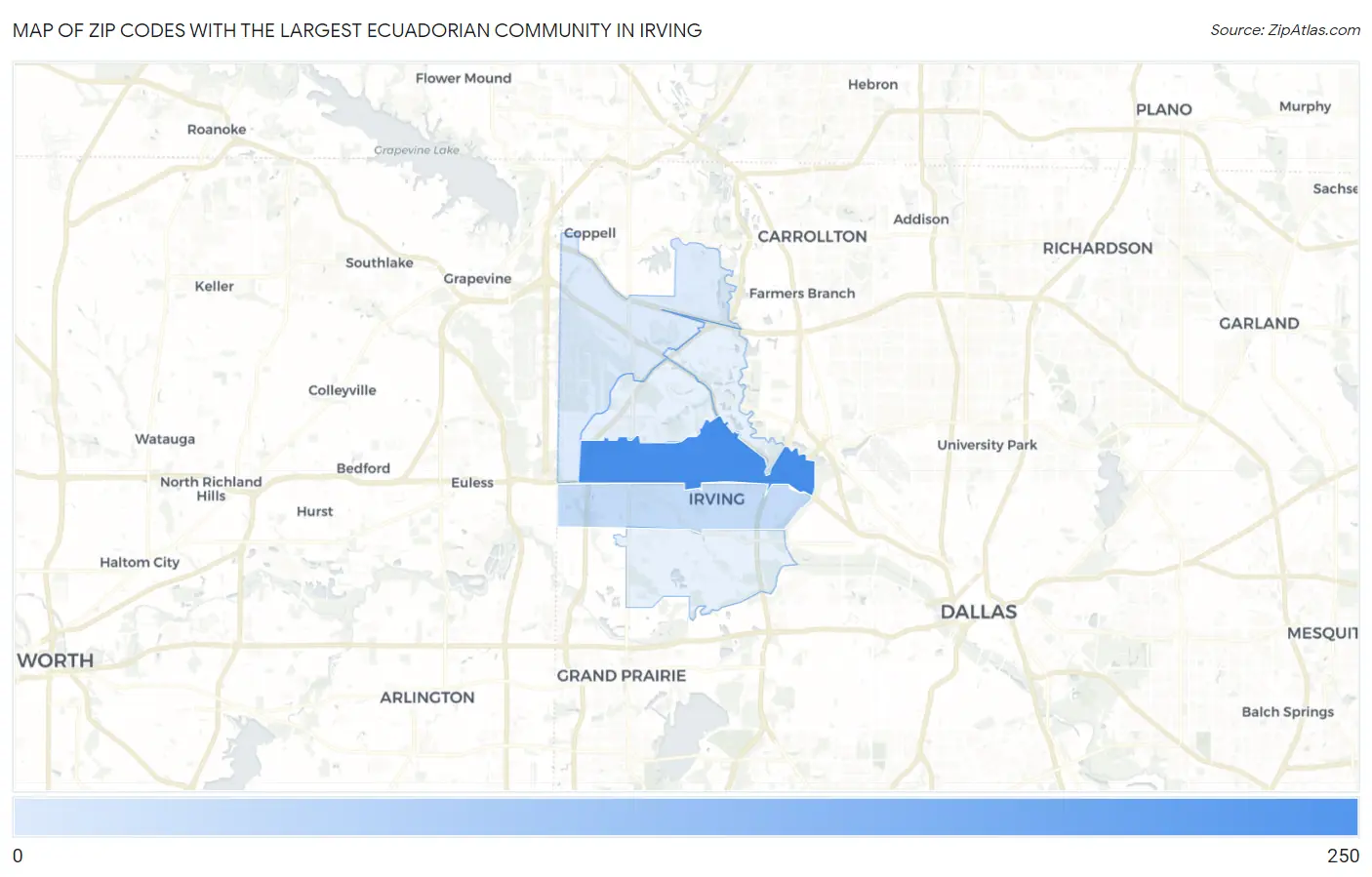 Zip Codes with the Largest Ecuadorian Community in Irving Map