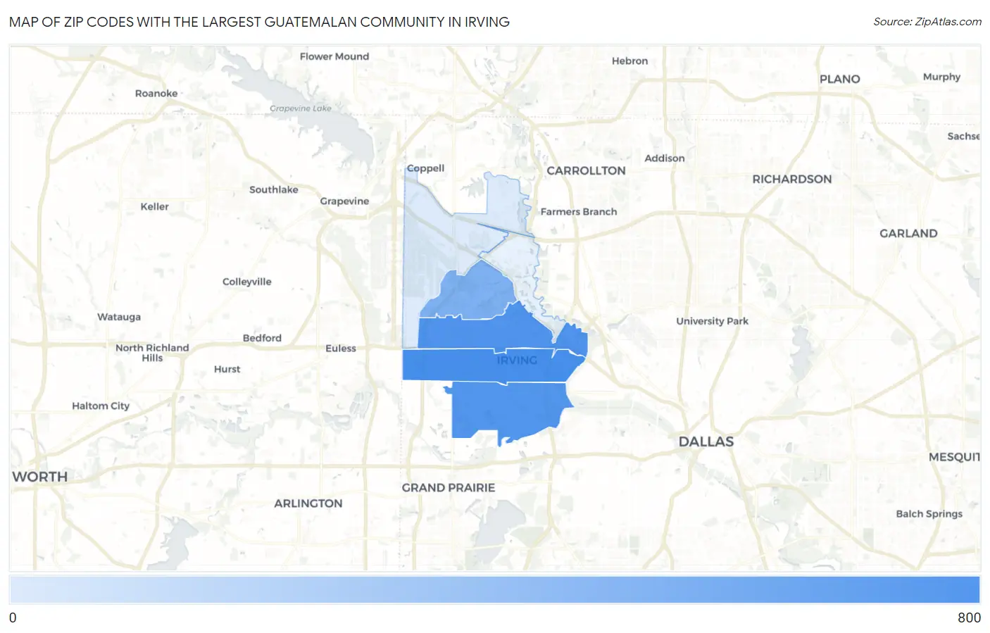 Zip Codes with the Largest Guatemalan Community in Irving Map