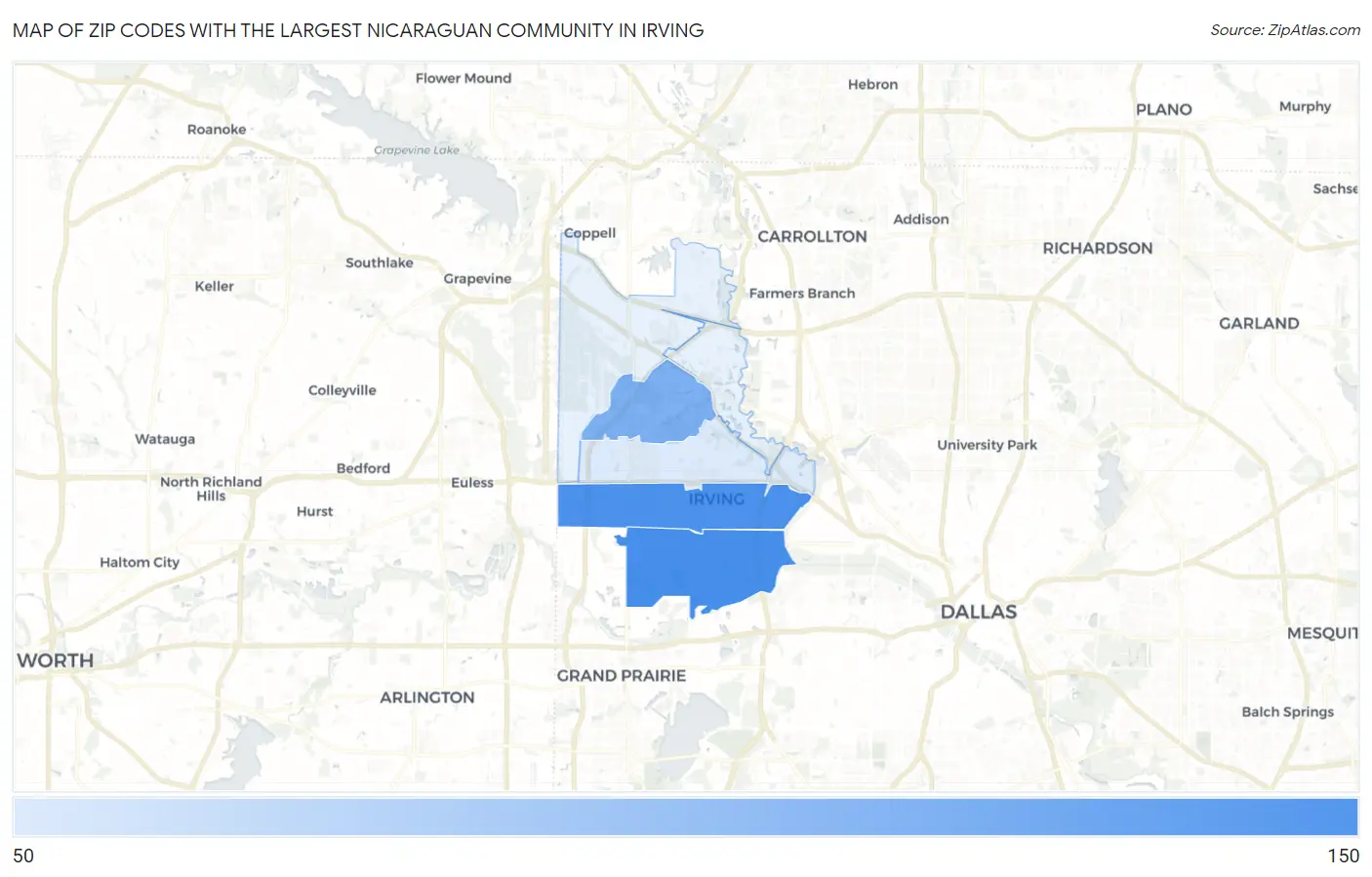 Zip Codes with the Largest Nicaraguan Community in Irving Map