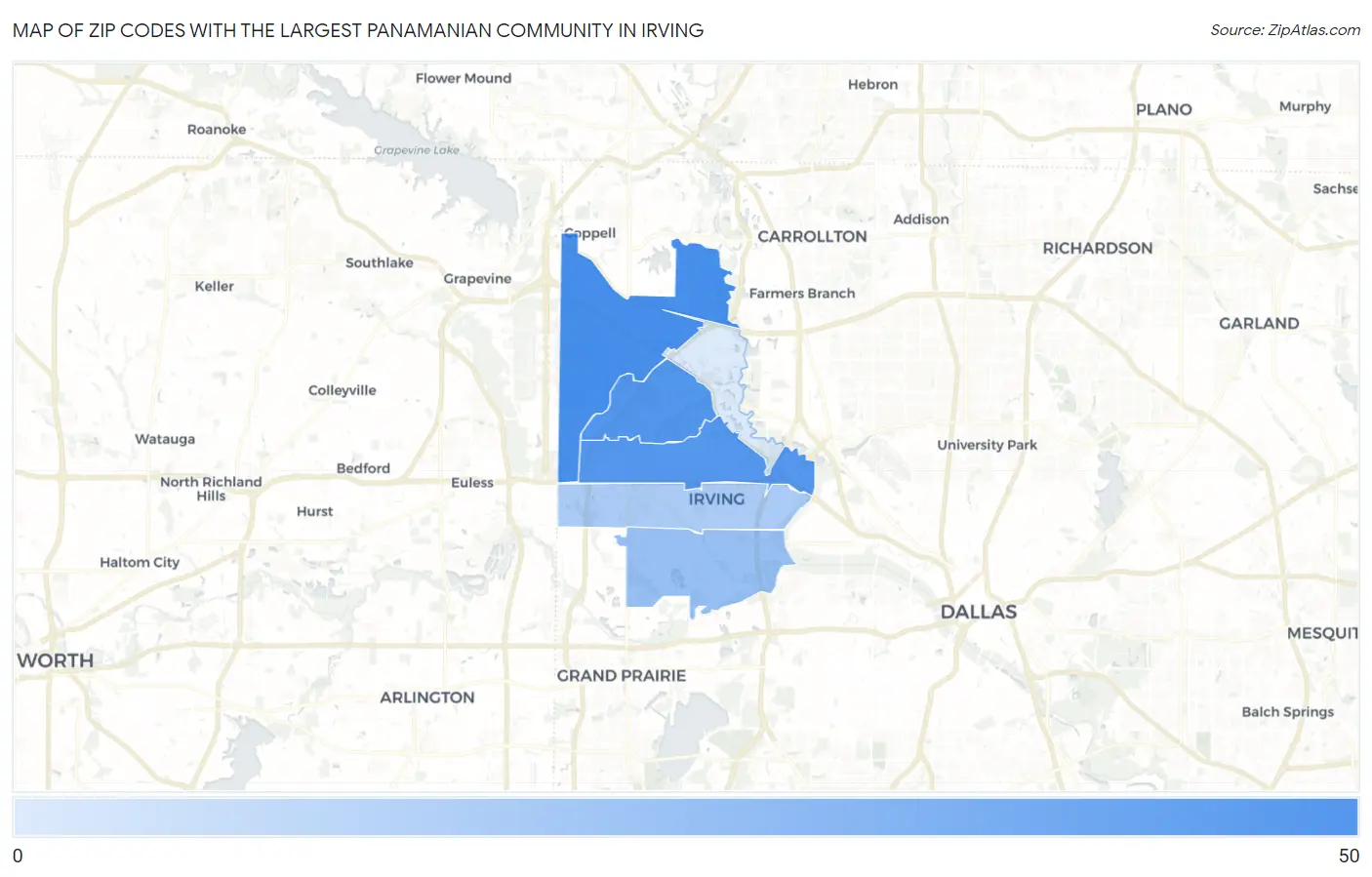 Zip Codes with the Largest Panamanian Community in Irving Map