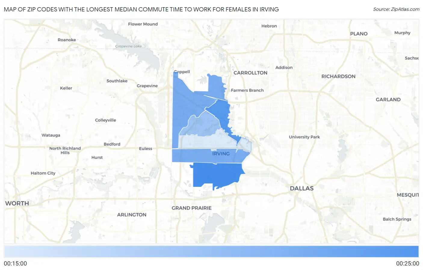 Zip Codes with the Longest Median Commute Time to Work for Females in Irving Map