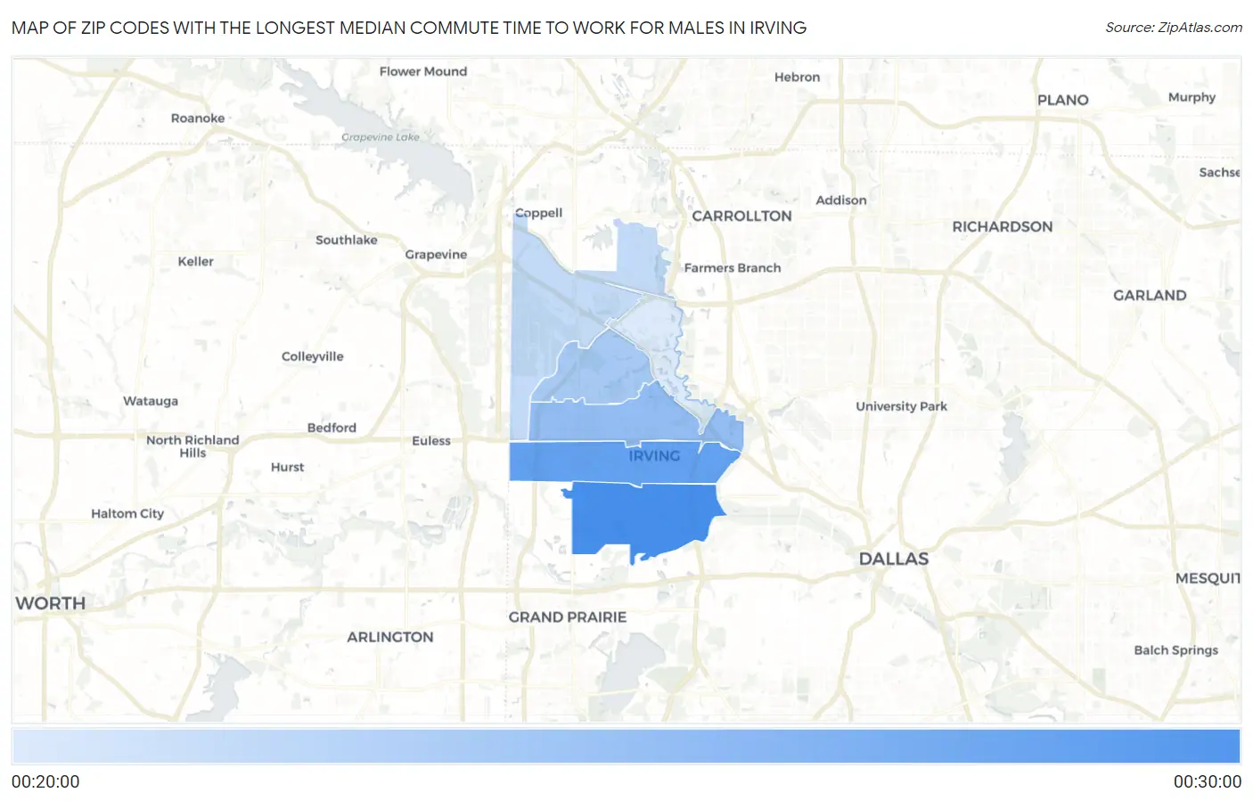 Zip Codes with the Longest Median Commute Time to Work for Males in Irving Map