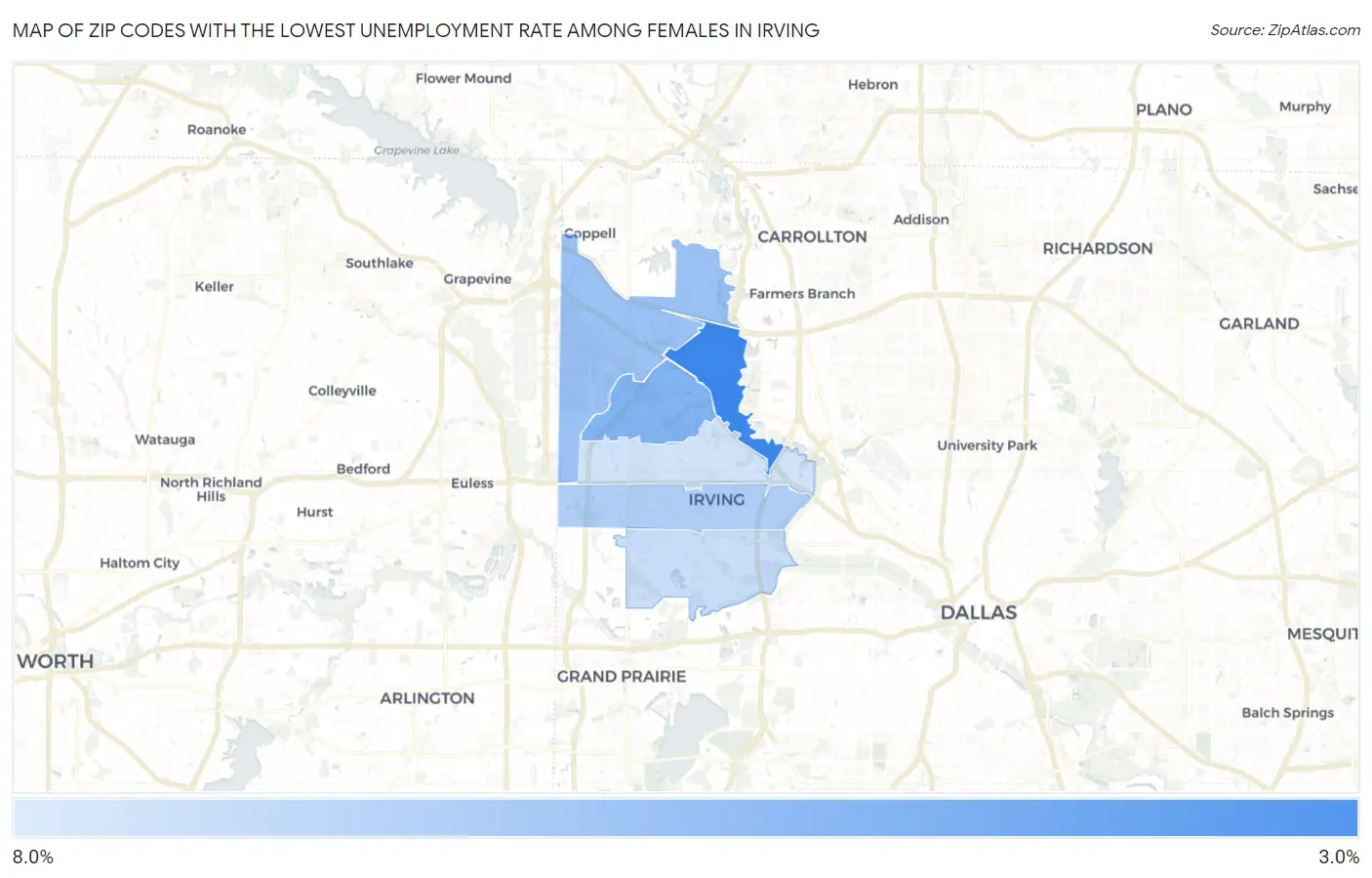Zip Codes with the Lowest Unemployment Rate Among Females in Irving Map