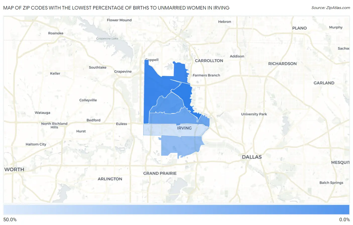 Zip Codes with the Lowest Percentage of Births to Unmarried Women in Irving Map