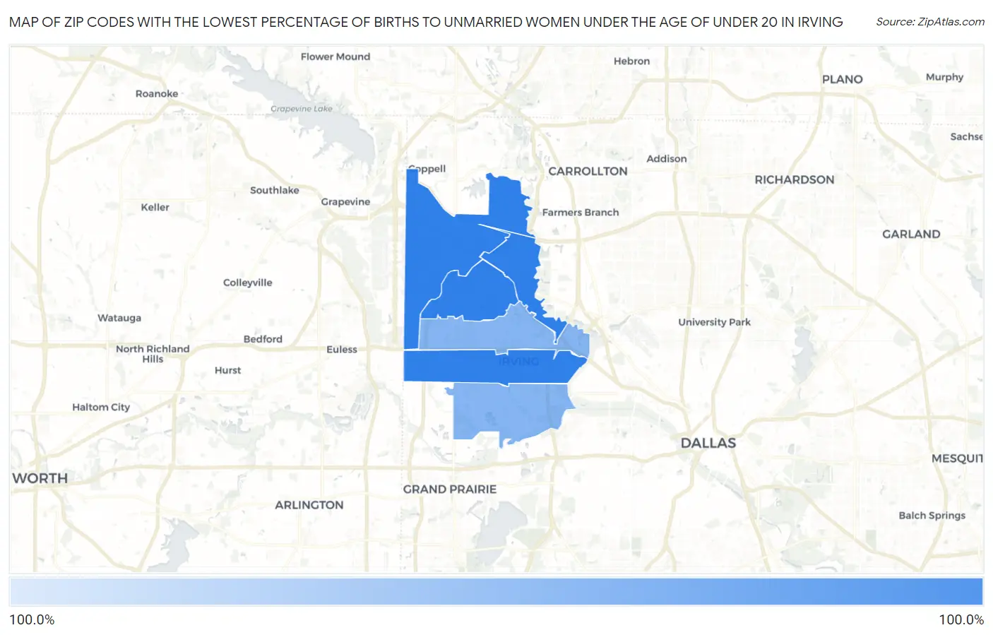 Zip Codes with the Lowest Percentage of Births to Unmarried Women under the Age of under 20 in Irving Map