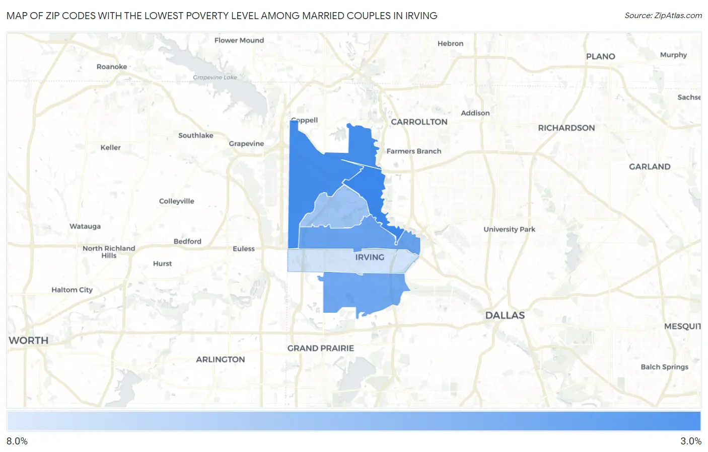 Zip Codes with the Lowest Poverty Level Among Married Couples in Irving Map