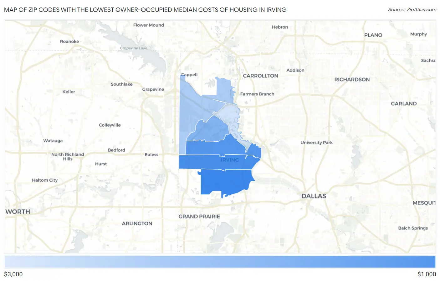Zip Codes with the Lowest Owner-Occupied Median Costs of Housing in Irving Map