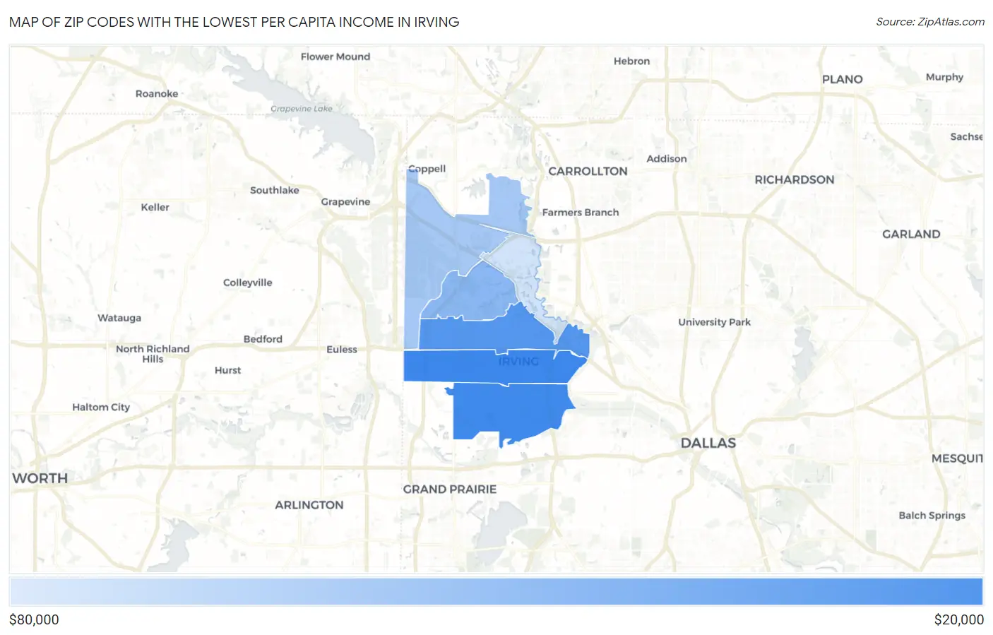 Zip Codes with the Lowest Per Capita Income in Irving Map