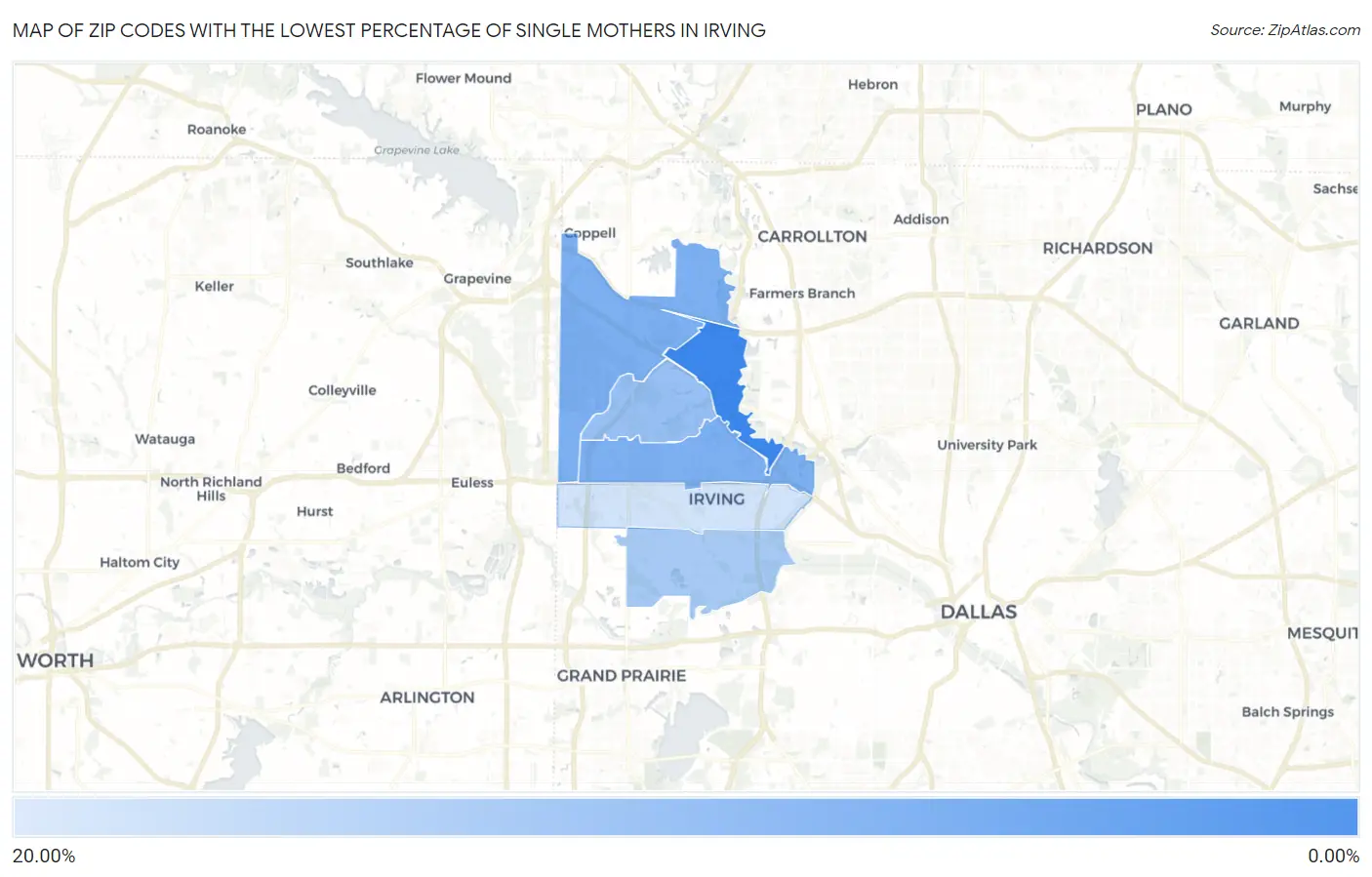 Zip Codes with the Lowest Percentage of Single Mothers in Irving Map