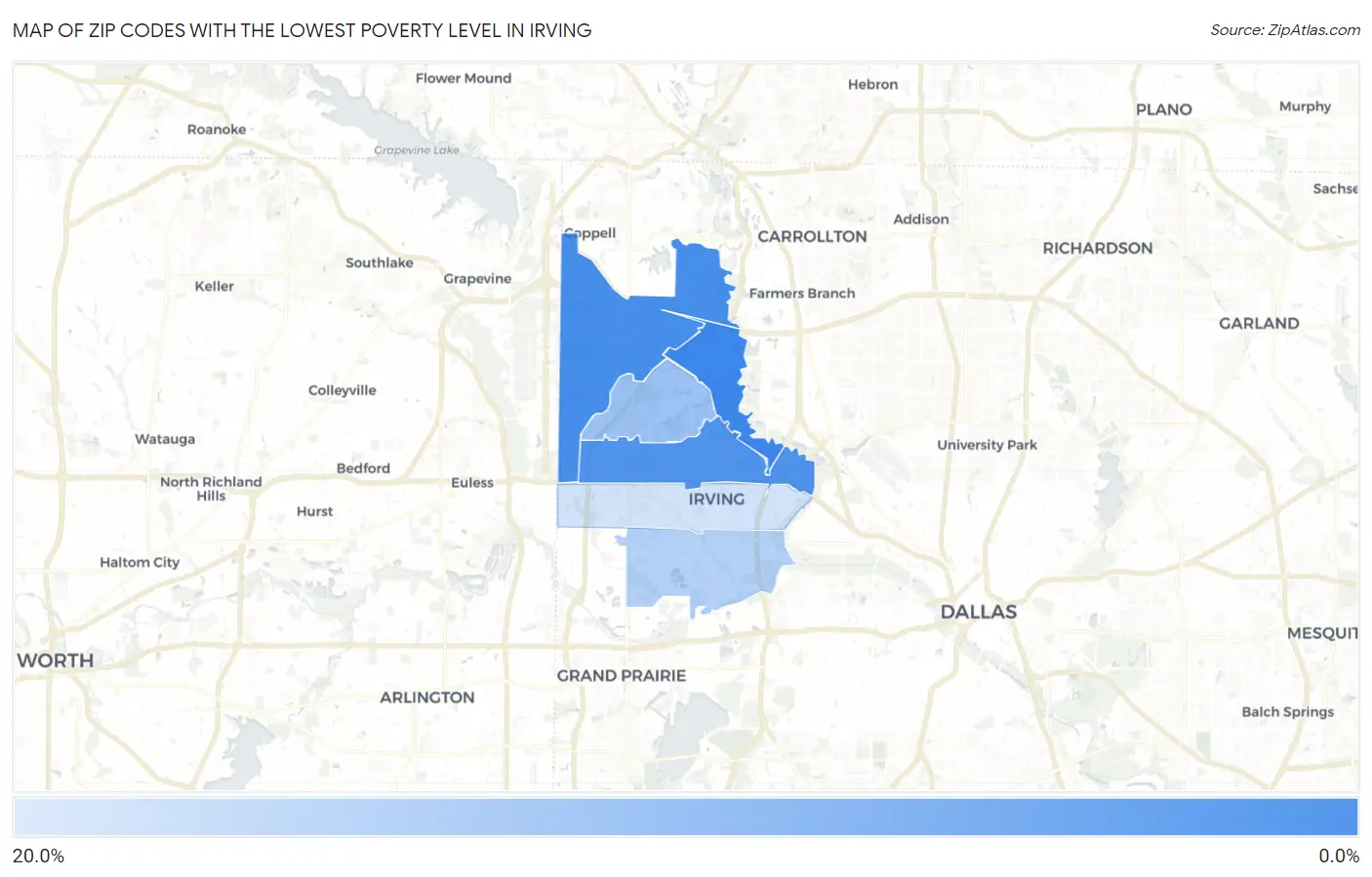 Zip Codes with the Lowest Poverty Level in Irving Map