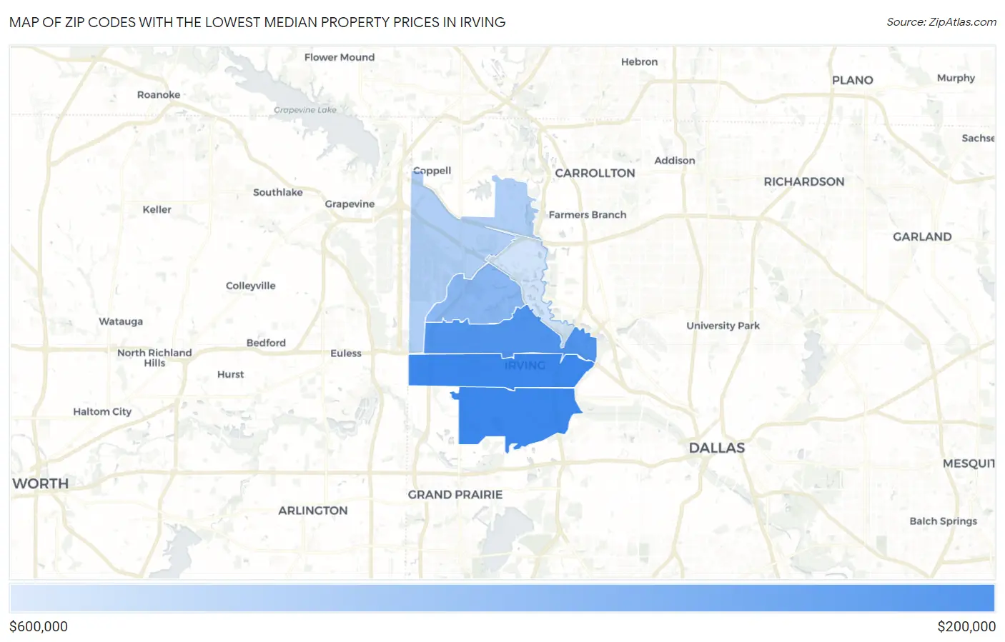 Zip Codes with the Lowest Median Property Prices in Irving Map