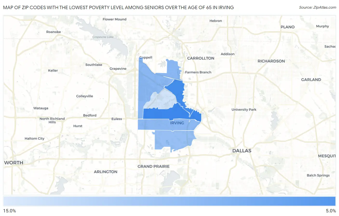 Zip Codes with the Lowest Poverty Level Among Seniors Over the Age of 65 in Irving Map