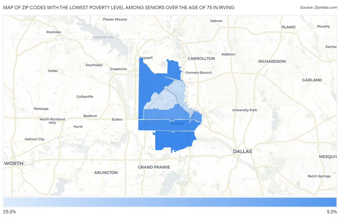 Zip Codes with the Lowest Poverty Level Among Seniors Over the Age of 75 in Irving Map
