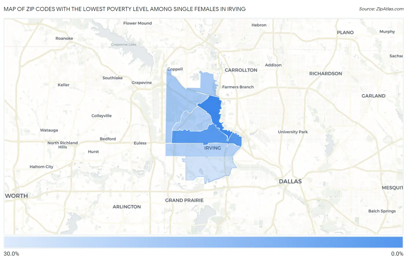 Zip Codes with the Lowest Poverty Level Among Single Females in Irving Map