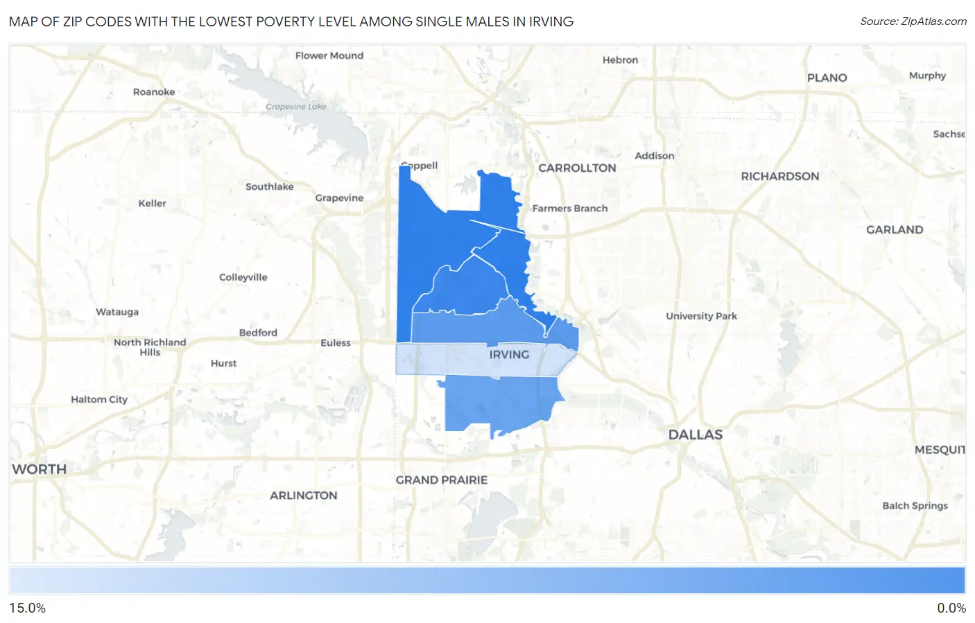 Zip Codes with the Lowest Poverty Level Among Single Males in Irving Map