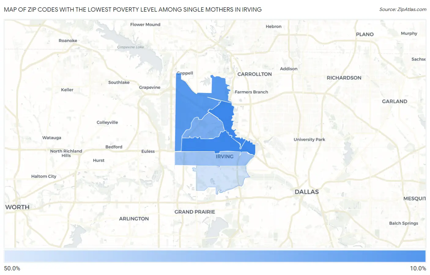 Zip Codes with the Lowest Poverty Level Among Single Mothers in Irving Map