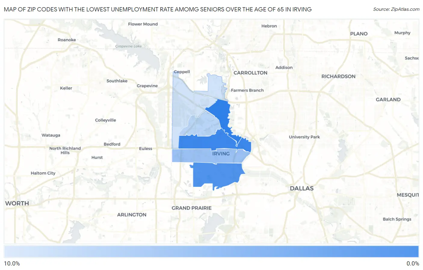 Zip Codes with the Lowest Unemployment Rate Amomg Seniors Over the Age of 65 in Irving Map