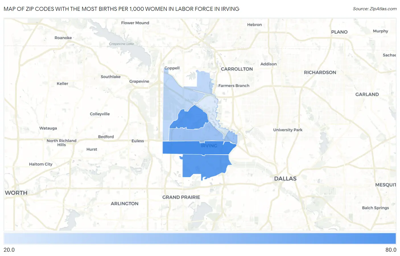 Zip Codes with the Most Births per 1,000 Women in Labor Force in Irving Map
