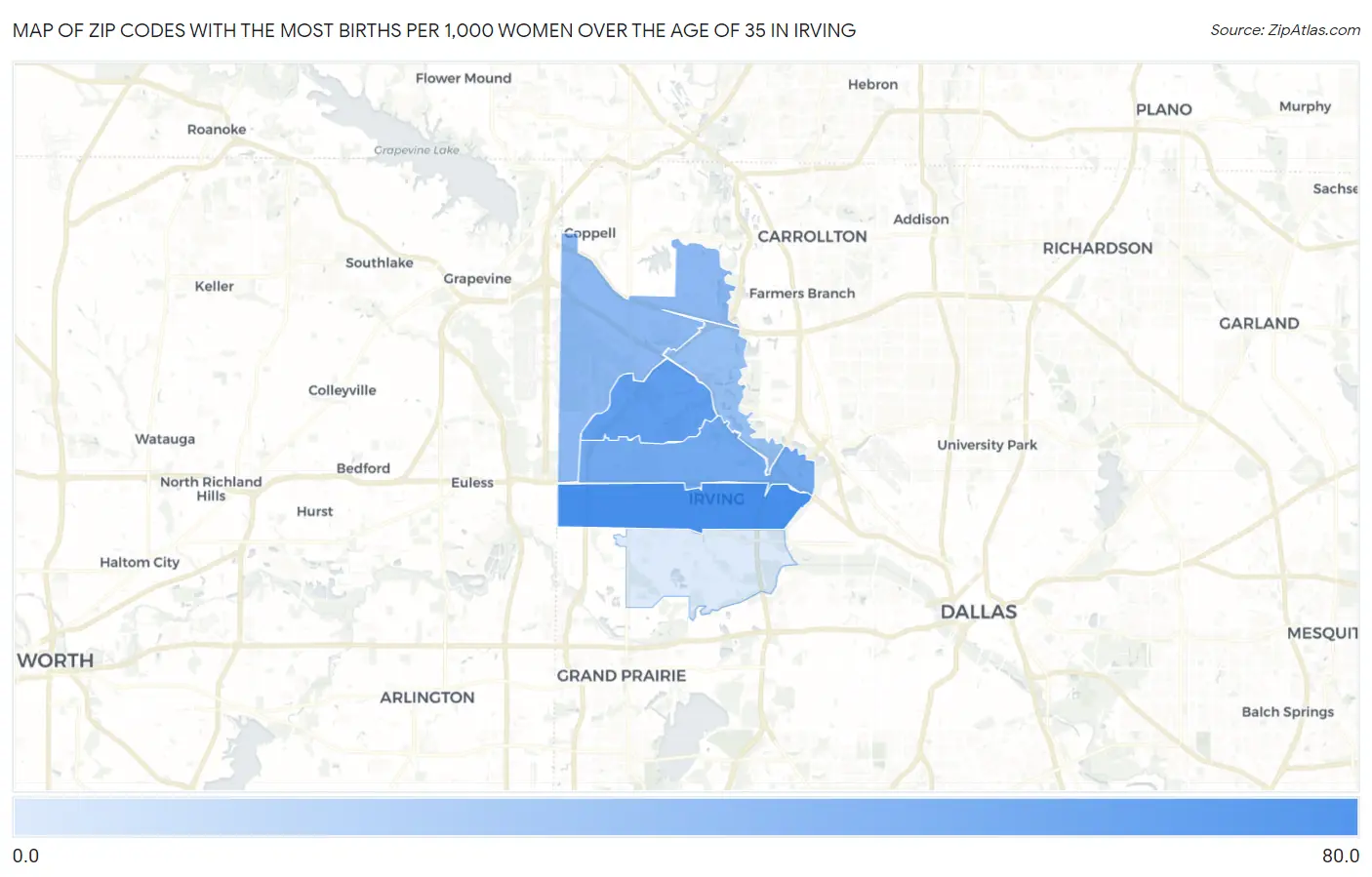Zip Codes with the Most Births per 1,000 Women Over the Age of 35 in Irving Map