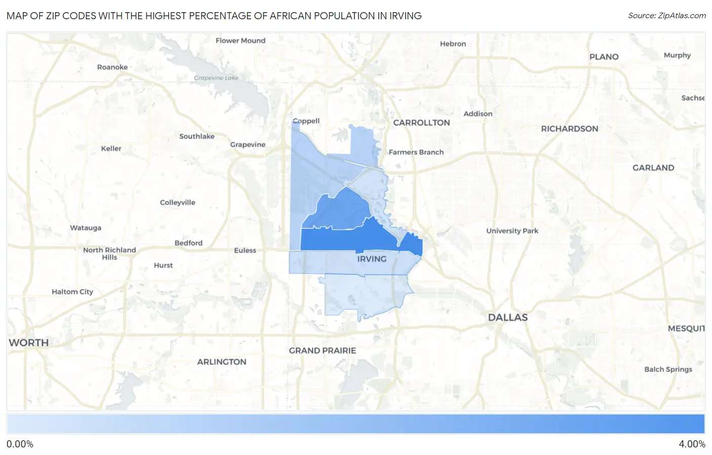 Zip Codes with the Highest Percentage of African Population in Irving Map