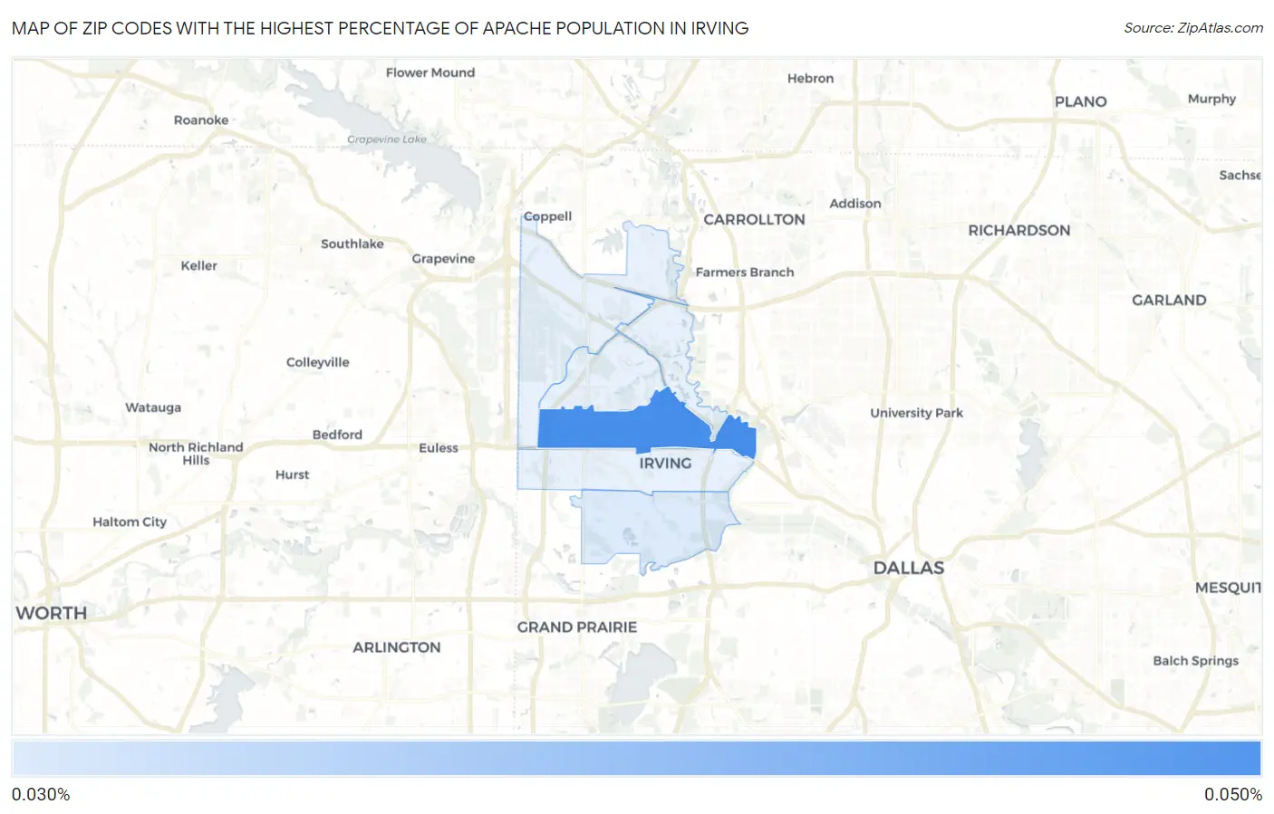 Zip Codes with the Highest Percentage of Apache Population in Irving Map