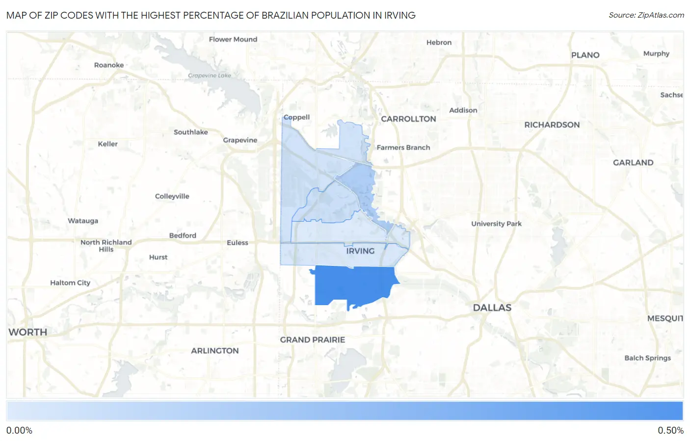 Zip Codes with the Highest Percentage of Brazilian Population in Irving Map