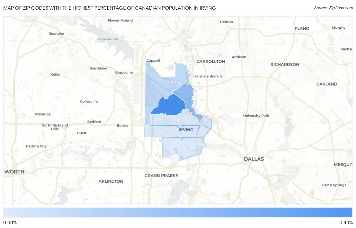 Zip Codes with the Highest Percentage of Canadian Population in Irving Map