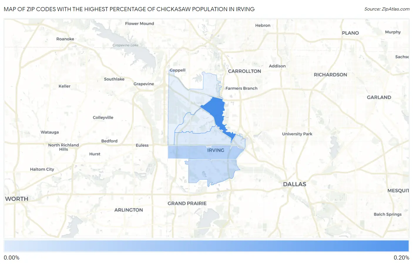Zip Codes with the Highest Percentage of Chickasaw Population in Irving Map