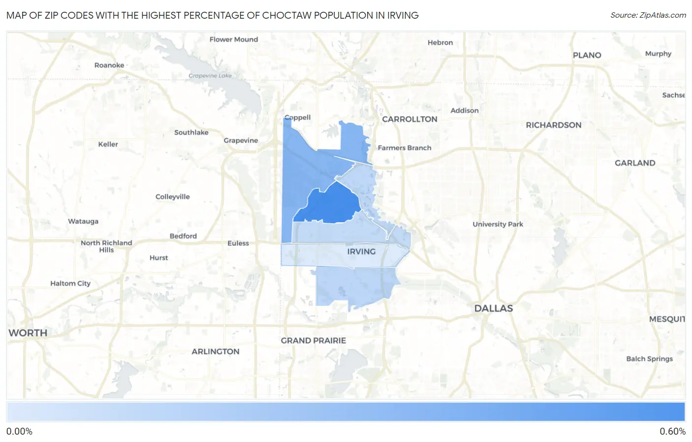 Zip Codes with the Highest Percentage of Choctaw Population in Irving Map