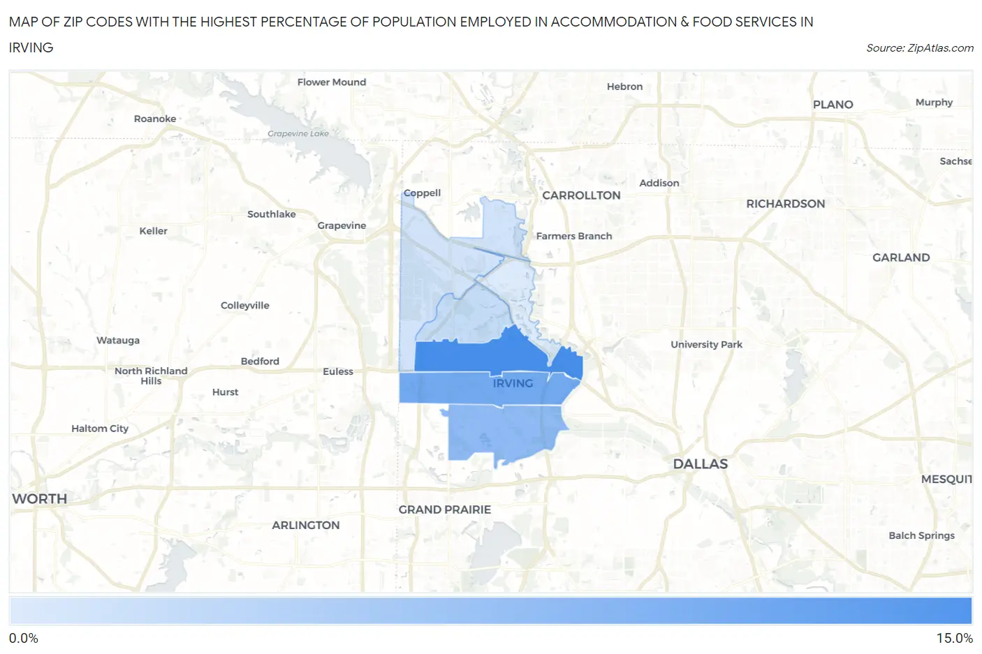 Zip Codes with the Highest Percentage of Population Employed in Accommodation & Food Services in Irving Map