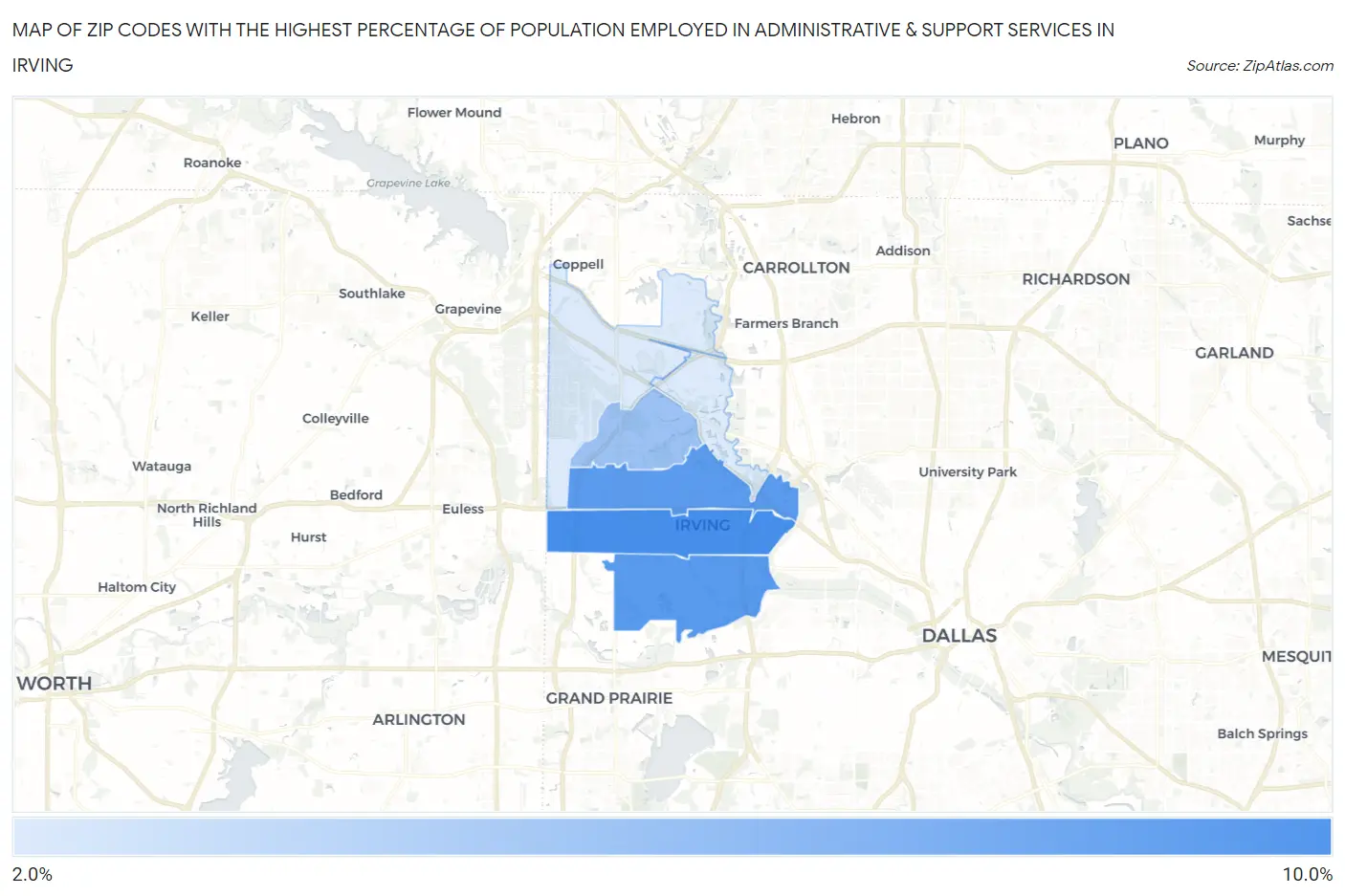 Zip Codes with the Highest Percentage of Population Employed in Administrative & Support Services in Irving Map