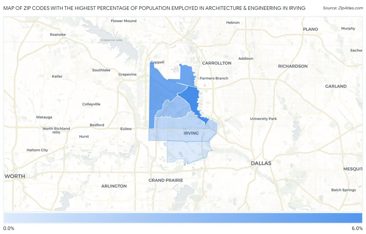 Zip Codes with the Highest Percentage of Population Employed in Architecture & Engineering in Irving Map