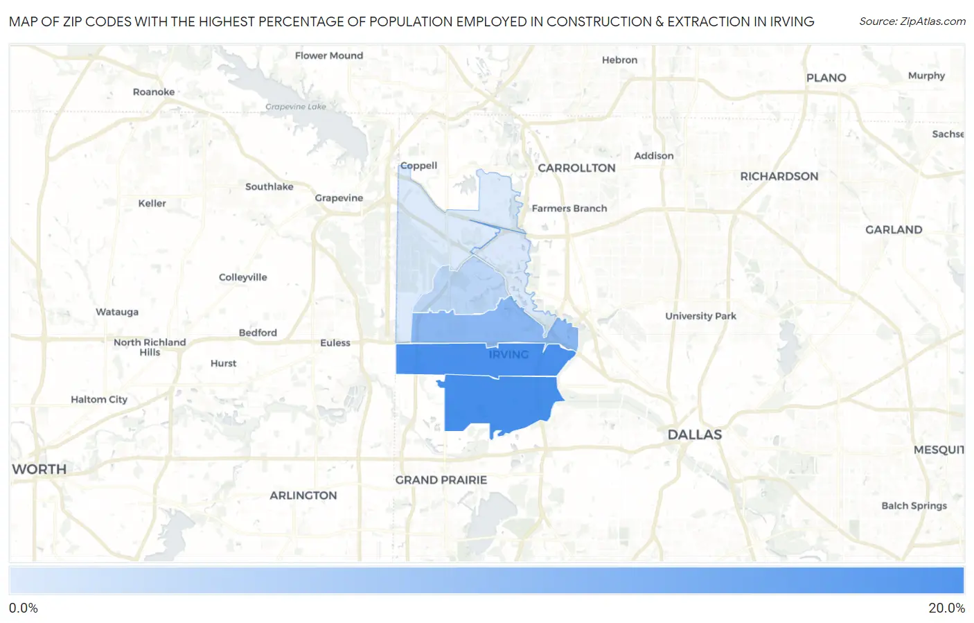 Zip Codes with the Highest Percentage of Population Employed in Construction & Extraction in Irving Map