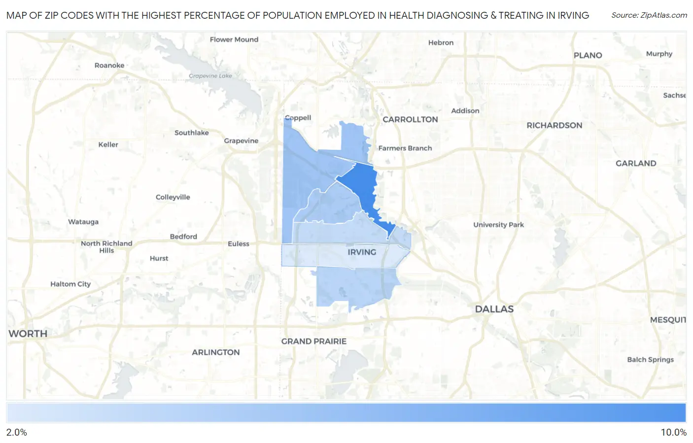 Zip Codes with the Highest Percentage of Population Employed in Health Diagnosing & Treating in Irving Map